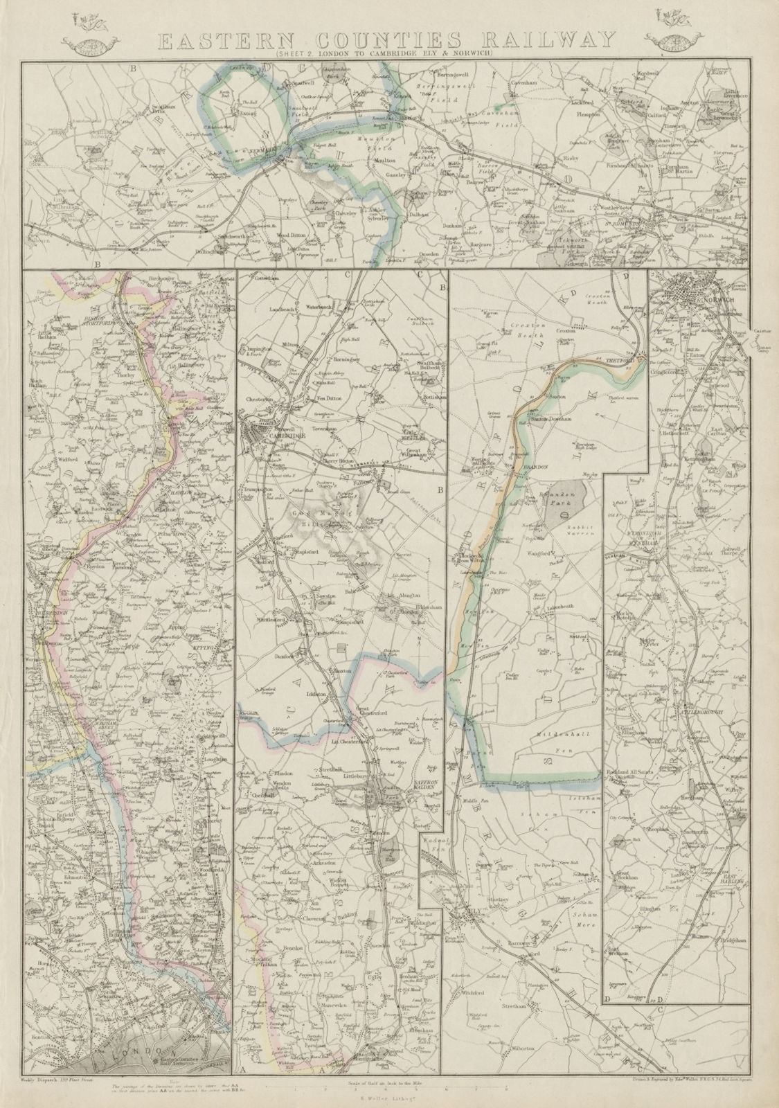 EASTERN COUNTIES RAILWAY 2. London to Cambridge Ely & Norwich. WELLER 1862 map